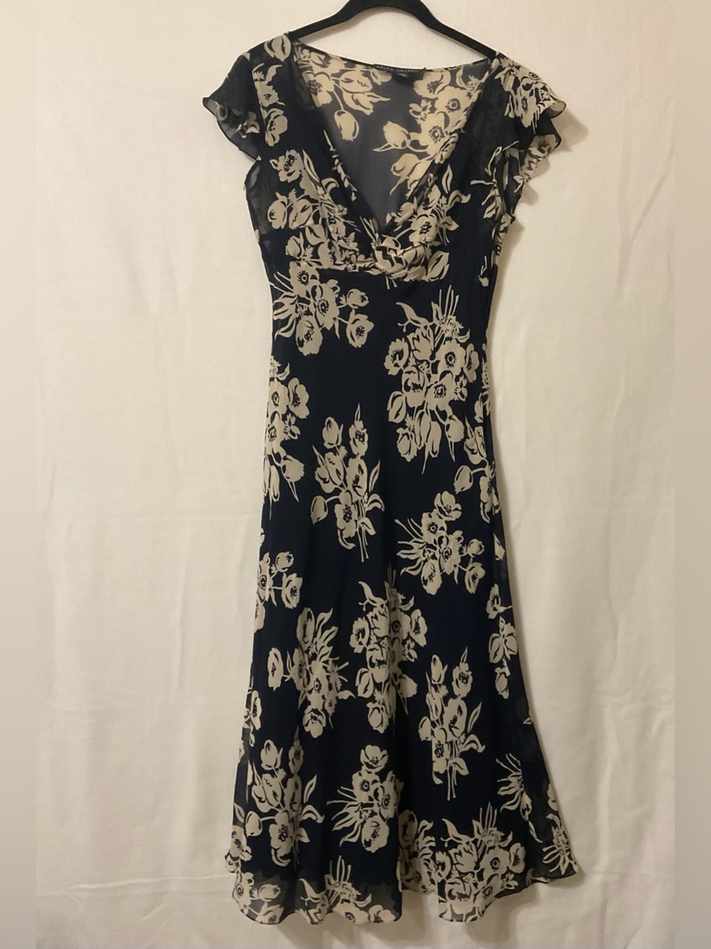 Silk Ralph Lauren Navy and Cream Floral Midi Dress